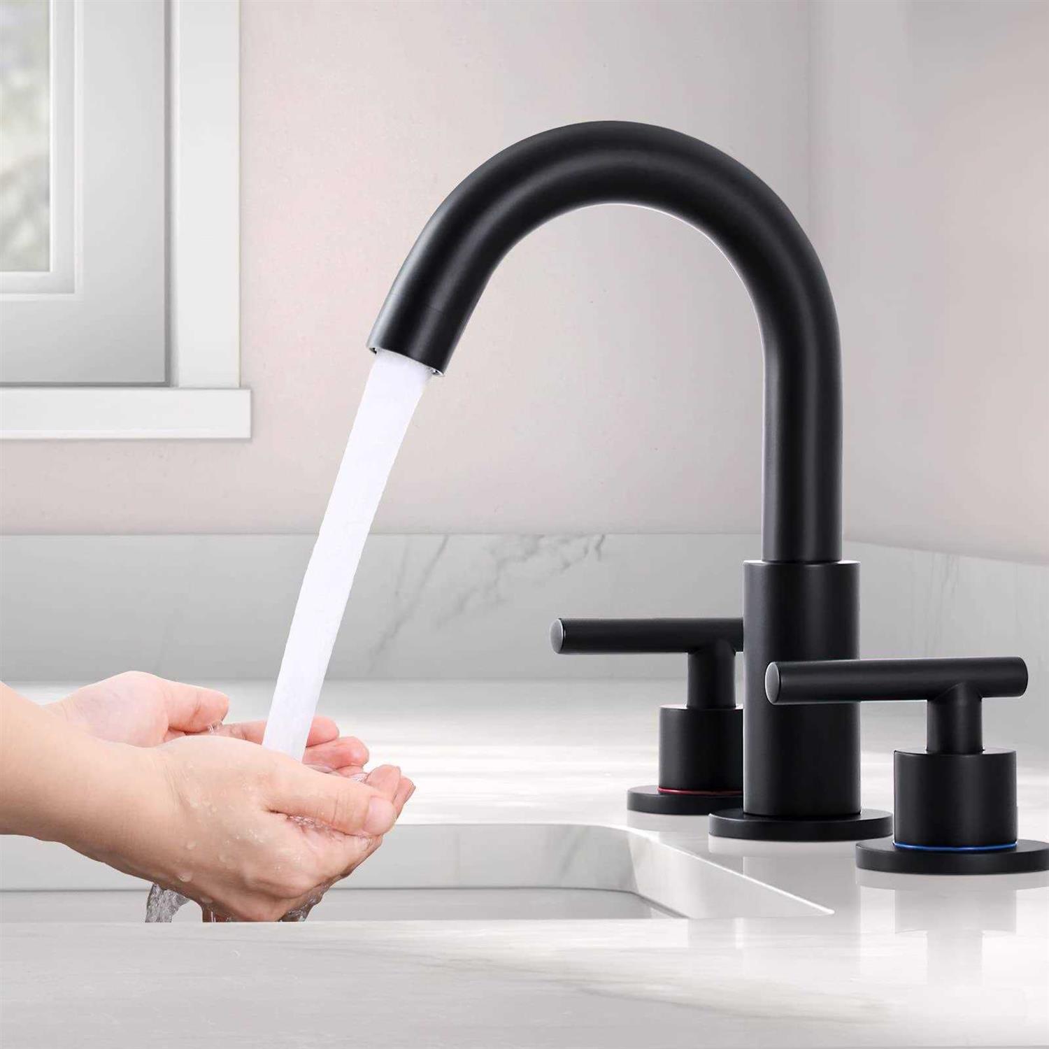 KZH Matte Black Bathroom Faucet 3 Hole 8 inch Widespread Bathroom Faucet with Pop Up Drain - Cheap Fitting