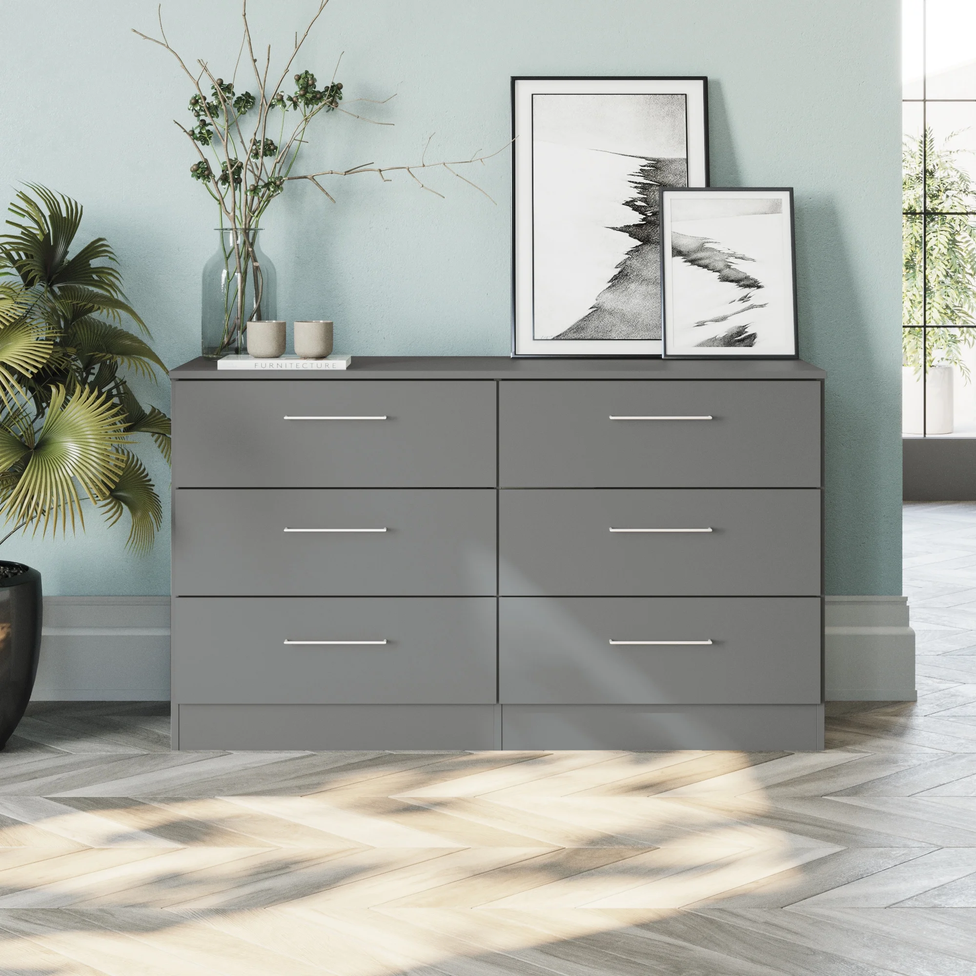 Jolyne 6 Drawer Horizontal Dresser – Black Finish – For Bedroom - 28.5 in H x 50.39 in W x 17.7 in D - Cheap Fitting