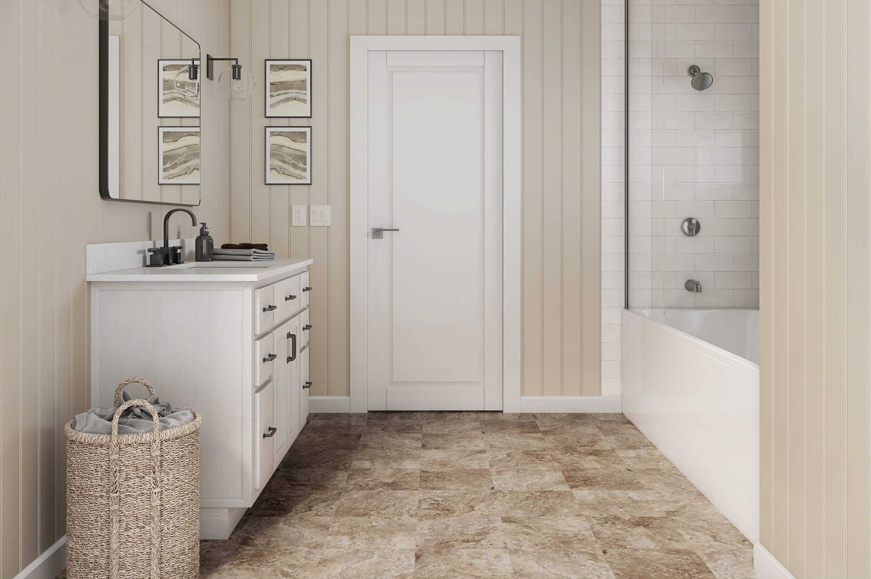 Style Selections Tumbled Stone 3-mil x 12-in W x 12-in L Water Resistant Peel and Stick Luxury Vinyl Tile Flooring - Cheap Fitting