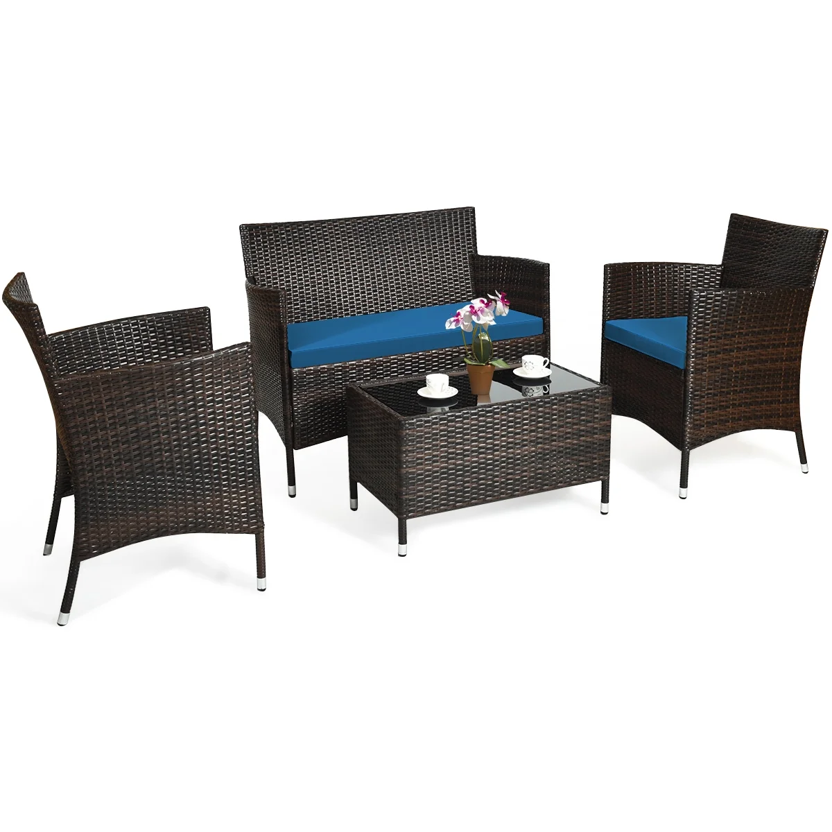 Costway 4PCS Rattan Patio Furniture Set Cushioned Sofa Chair Coffee Table Black - Cheap Fitting