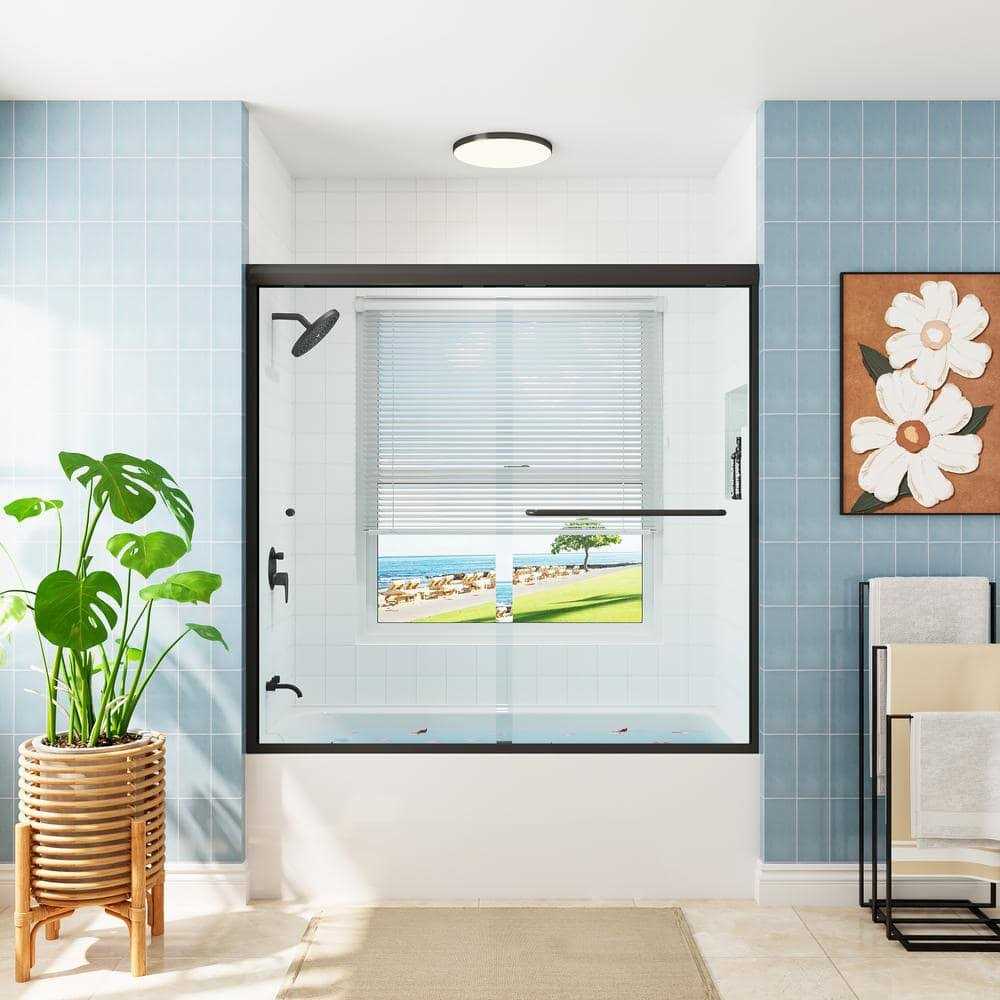 HOROW 55 in. 59 in. W x 56 in. H Sliding Framed Tub Door Clear Glass - Cheap Fitting