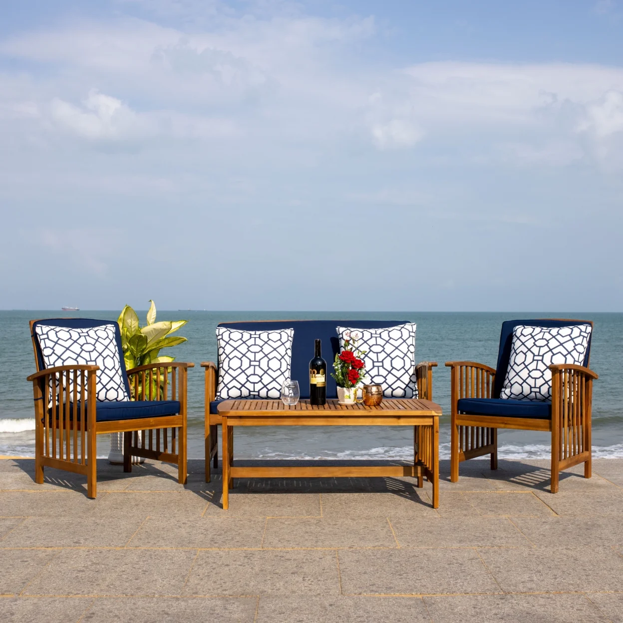 SAFAVIEH Rocklin Outdoor Patio 4 Pc Conversational Set, Navy/Blue/White - Cheap Fitting