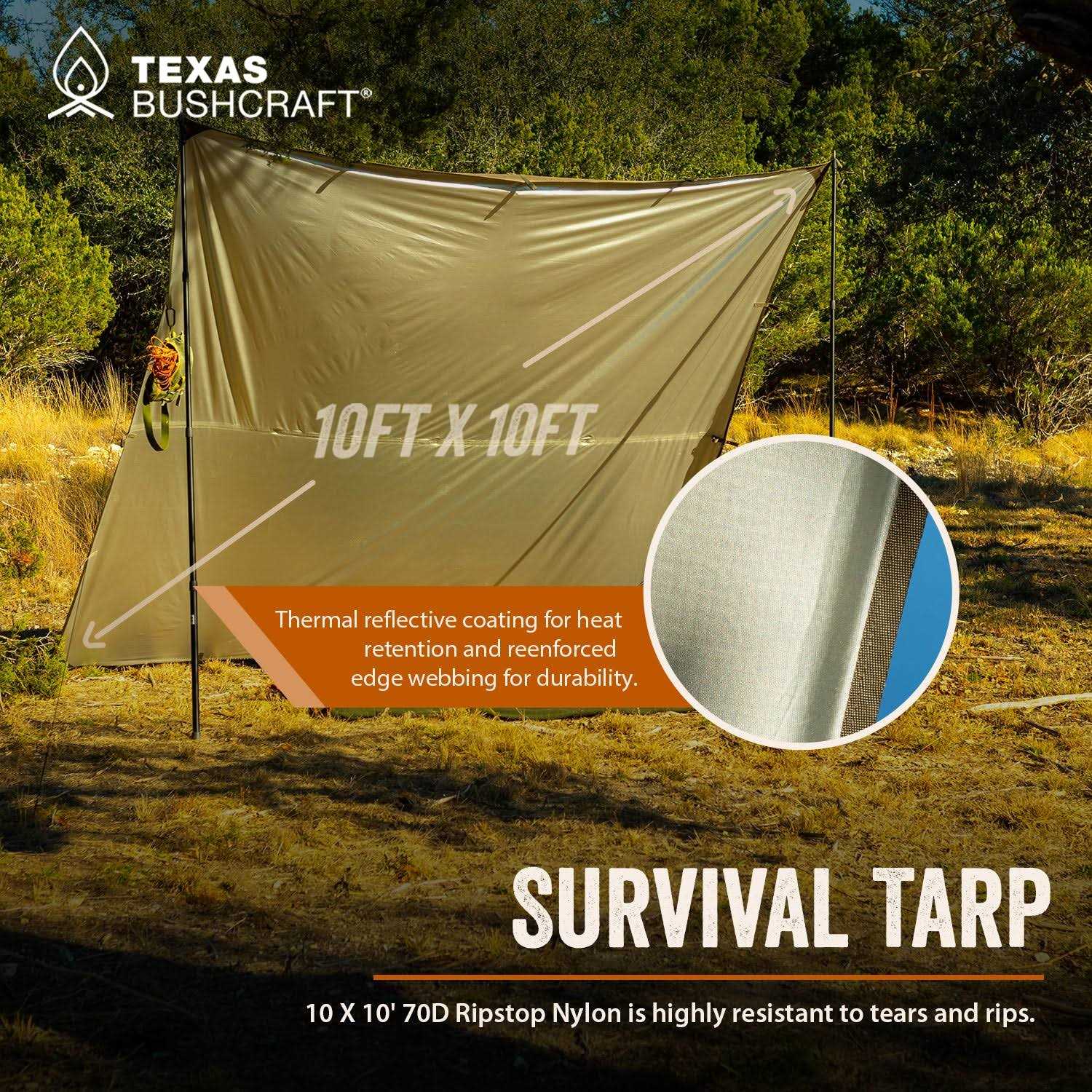 Texas Bushcraft Survival Tarp Waterproof 10×10 70D Ripstop Nylon - Cheap Fitting