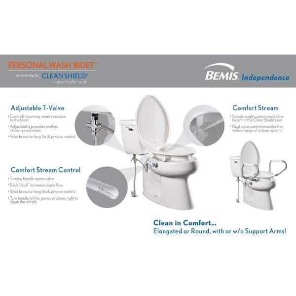 Bemis Assurance with Clean Shield Elongated 3 Plastic Premium Raised Toilet Seat in White + Support Arms and Bidet Attachment - Cheap Fitting