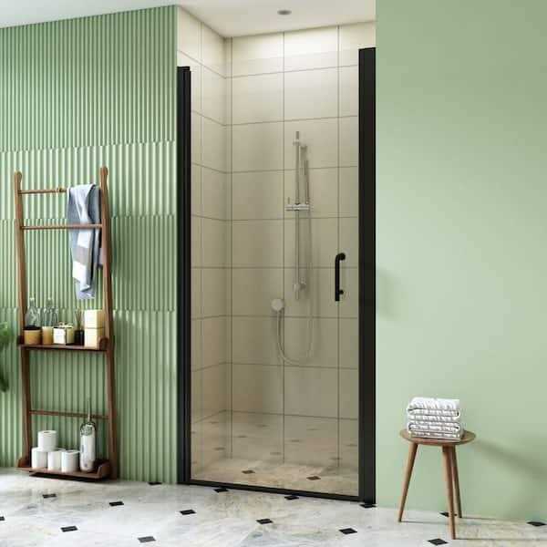 TOOLKISS 34 to 35-1/2 in. W x 72 in. H Pivot Swing Frameless Shower Door in Black with Clear Glass - Cheap Fitting