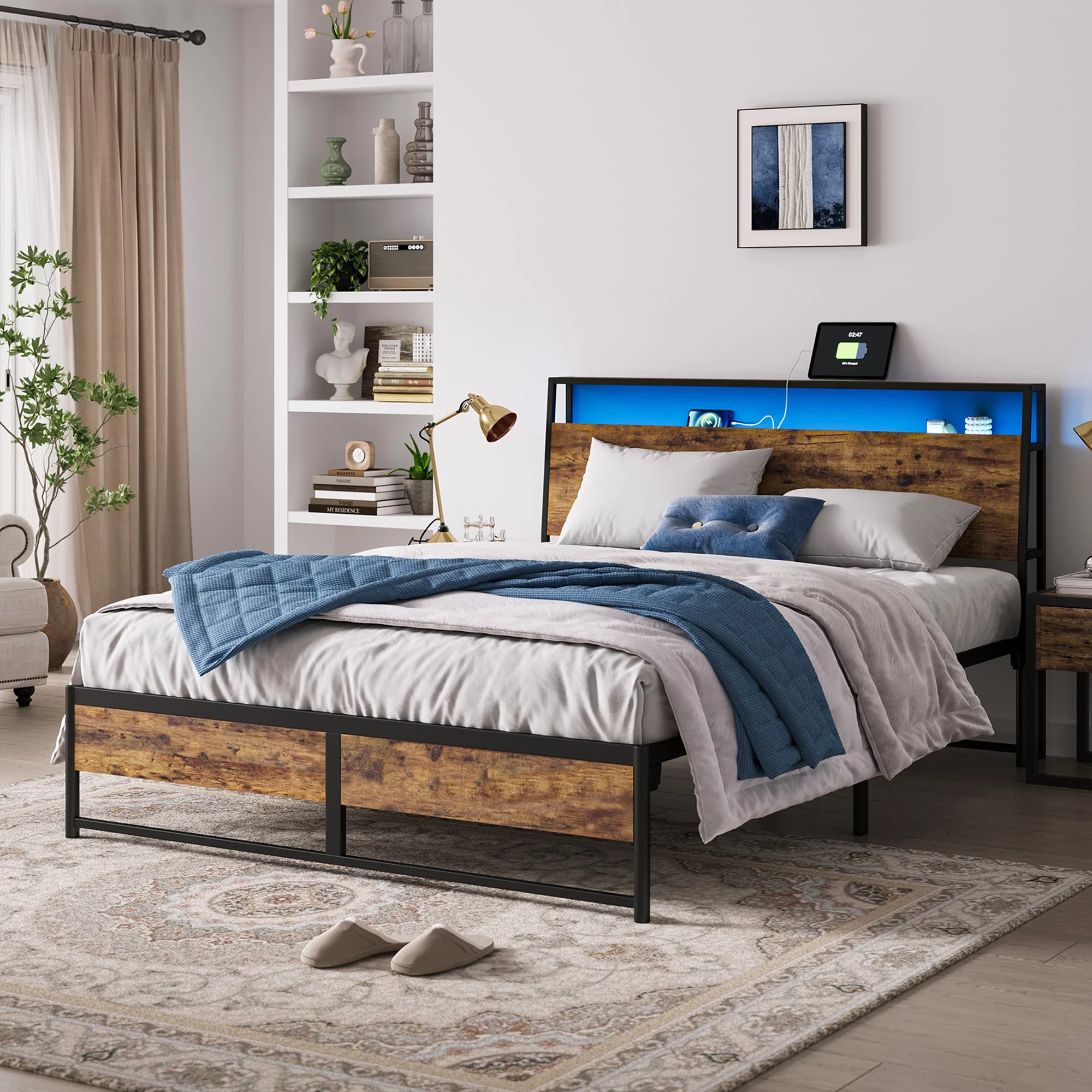 Linsy Home Full Size Platform Bed Frame with Headboard and 3 Storage Shelves, Metal Bed with Lights, Outlets & USB, Light Grey - Cheap Fitting