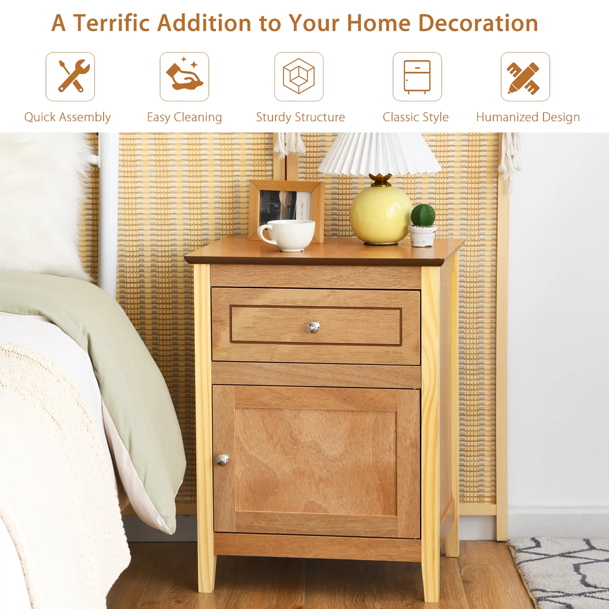 Costway Nightstand with Drawer Accent Side End Table Storage Cabinet Natural - Cheap Fitting