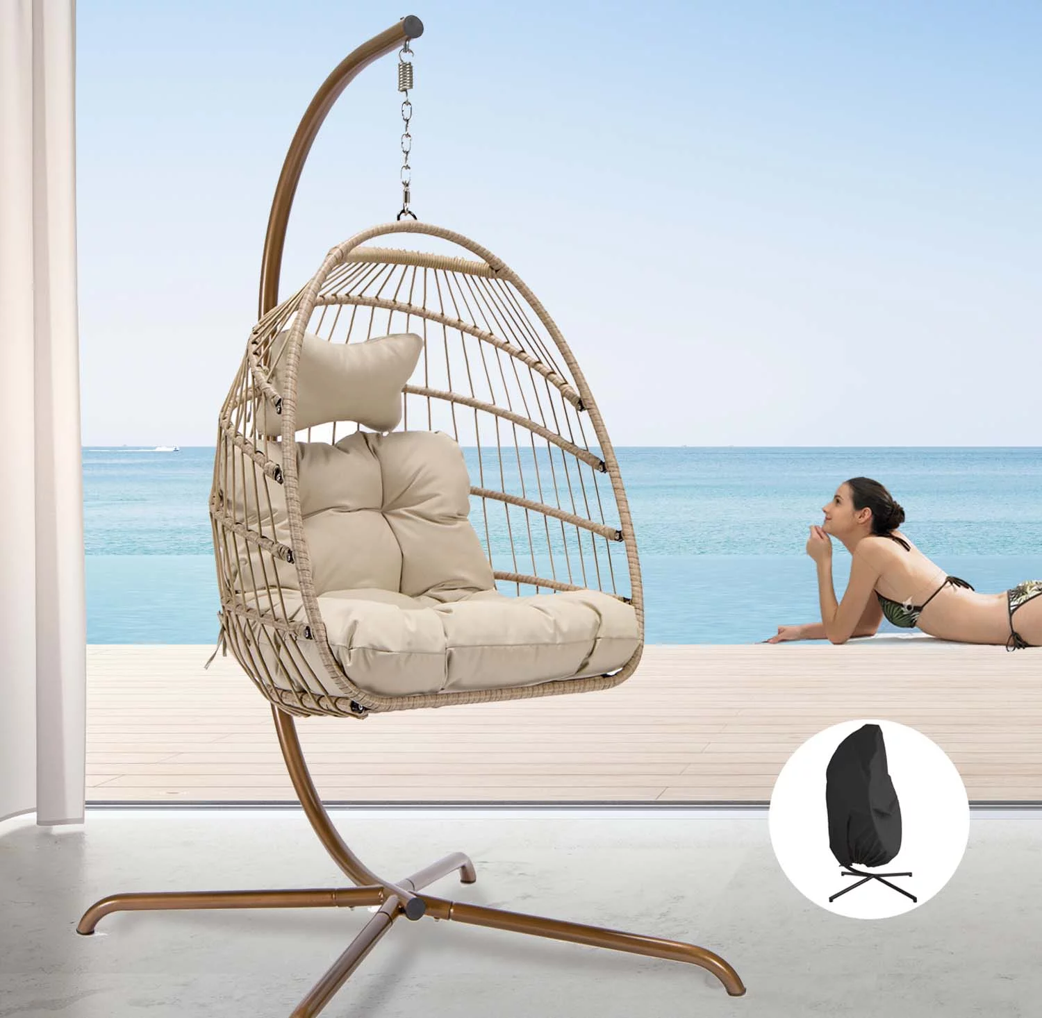 Nicesoul Foldable PE Wicker Brown Hanging Egg Chair With Stand Swing Chair With Cushion and Pillow Capacity 350lbs - Cheap Fitting