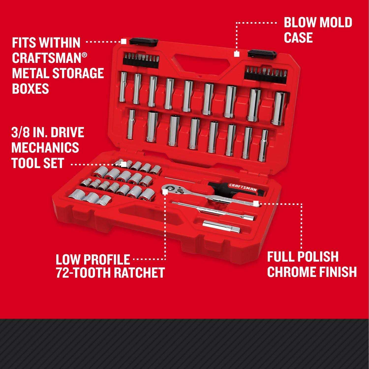 Craftsman 3/8 in. drive Metric and SAE 12 Point Mechanic’s Tool Set 61 pc CMMT45161L - Cheap Fitting