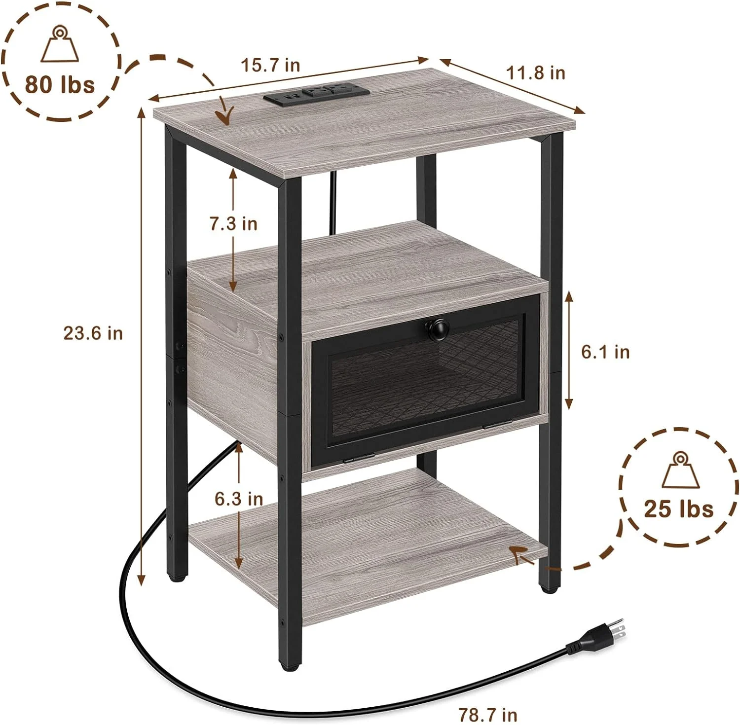 Nightstand with Charging Drawer Side Table Brown - Cheap Fitting