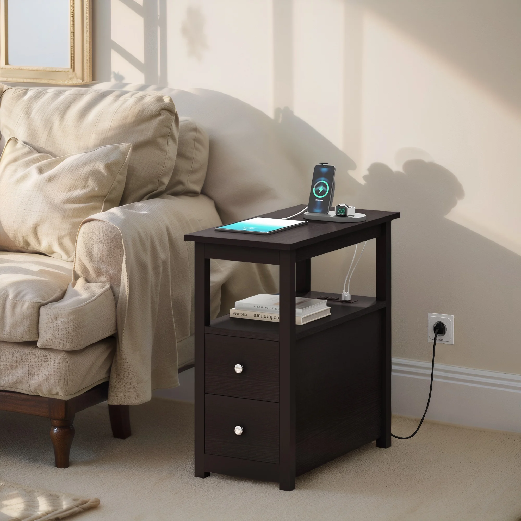 Jaxpety Set of 2 Narrow End Table with Charging Station Outlets USB Ports Side Table 2 Drawers and Open Storage for Living Room Bedroom, Espresso - Cheap Fitting