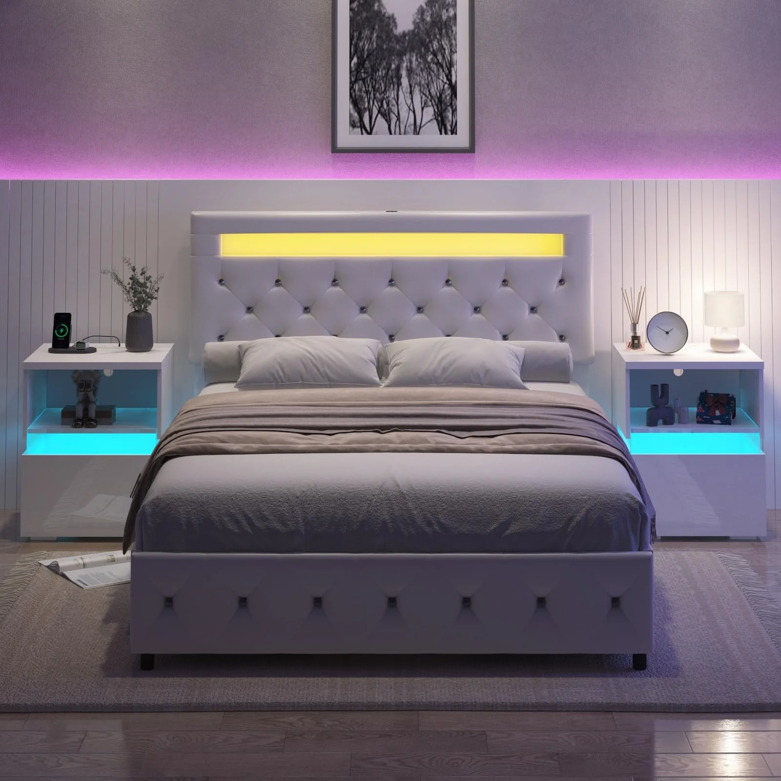 ANPOO LED Nightstand Set of 2 with Charging Station & Power Outlets , Black Nightstand with Drawer & Open Storage, Modern High Gloss End Table Set of 2 for Bedroom Living Room(White) - Cheap Fitting