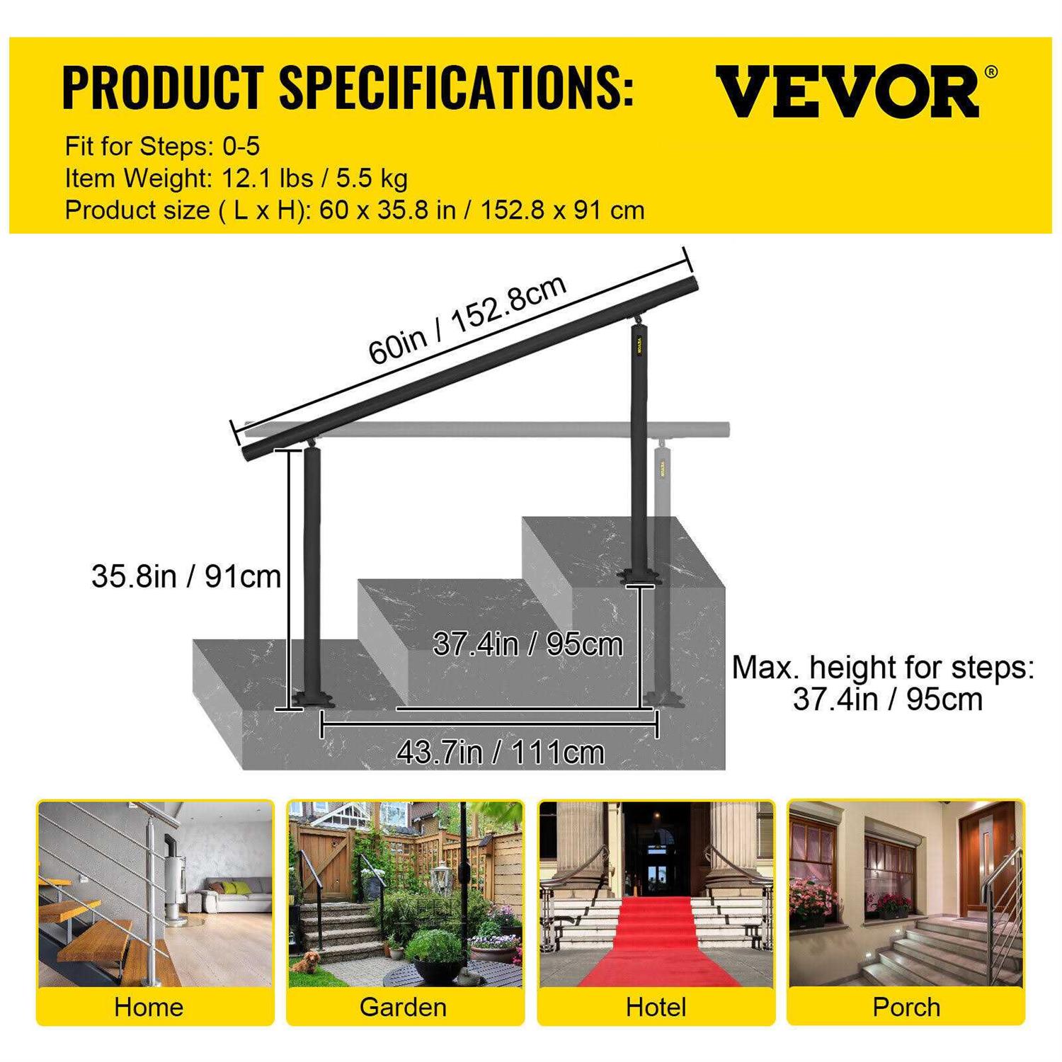 VEVOR Outdoor Stair Railing Kit 5 FT Handrails 0-5 Steps Adjustable Angle Aluminum Stair Hand Rail - Cheap Fitting