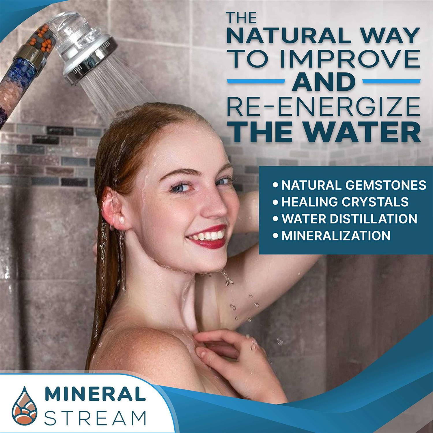 MineralStream Chakra Showerhead with Natural Gemstones, Therapeutic Crystals, Purification of Water Mineralization, Balance PH and Healing Force - Cheap Fitting