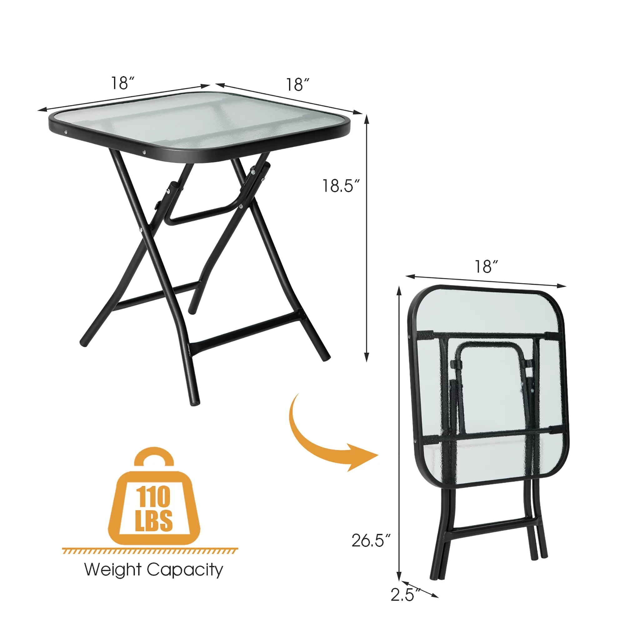 Gymax 18'' Foldable Patio Side Table Square Coffee Bistro Table w/ Tempered Glass Table Top - Cheap Fitting