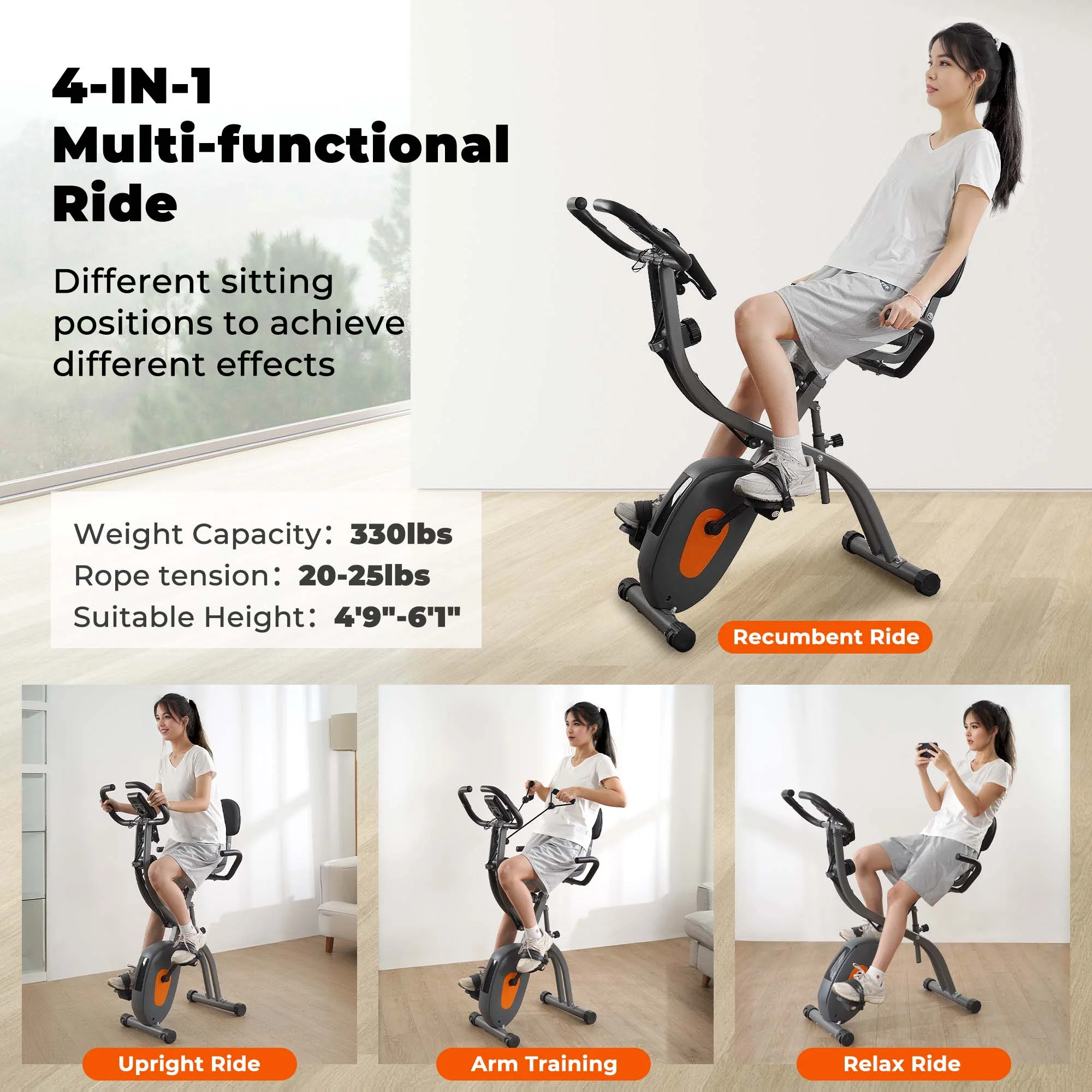 Folding Exercise Bike Stationary Recumbent 3-in-1 Exercise Bike Portable Magnetic with Adjustable Arm Resistance Bands and LCD Monitor and Pulse Grip for Home Use - Cheap Fitting