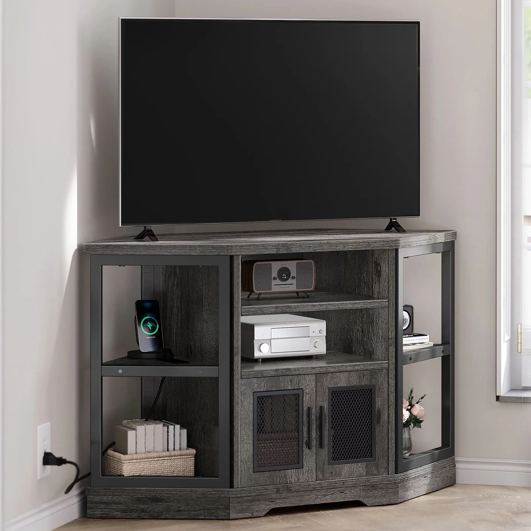 Dextrus Farmhouse Corner TV Stand for TVs up to 55 inch with Power Outlet, Wood Entertainment Center, TV Media Console with Storage, White Oak - Cheap Fitting