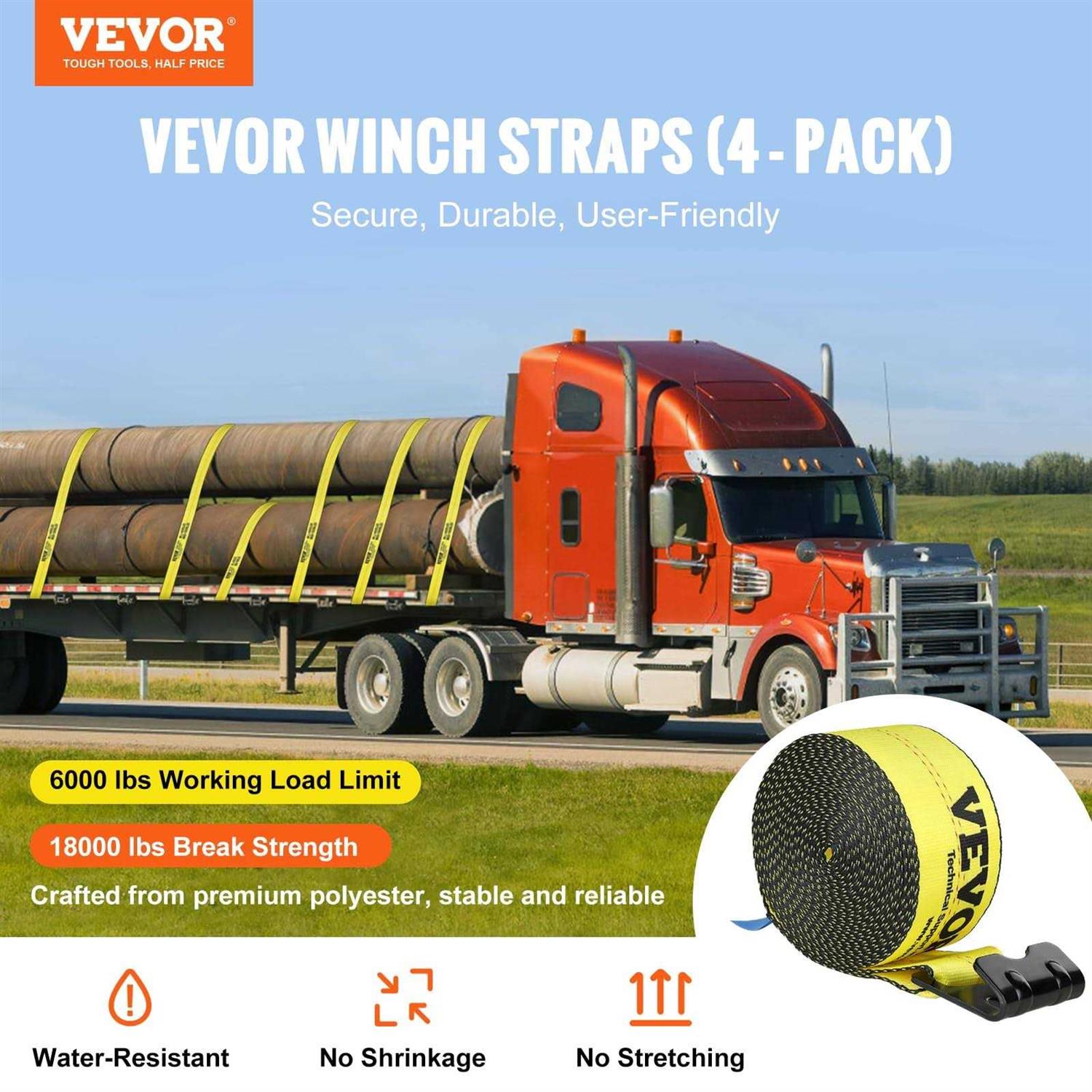 VEVOR Truck Straps 4 x30′ Heavy Duty Tie Down w/Flat Hooks 18,000lbs Break Strength - Cheap Fitting