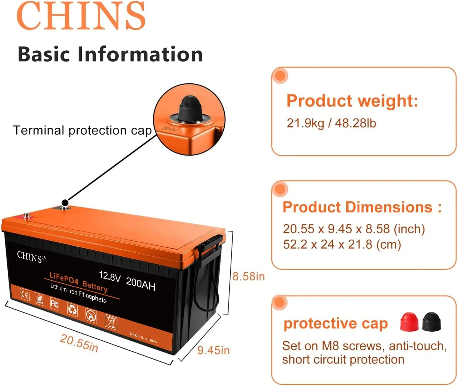 CHINS LiFePO4 Lithium Iron Battery 12V 100Ah for Boat Fishing - Cheap Fitting