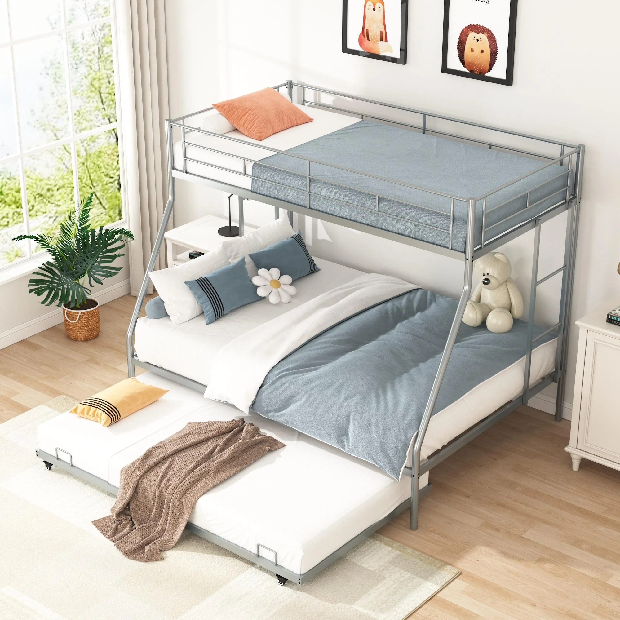 Twin Over Full Metal Bunk Beds with Trundle Bed, Paproos Metal Bunk Beds for Kids Teens Adults with Side Ladders, Twin Over Full Size Bunkbed Frame, No Box Spring Needed, with CPC Certification, Black - Cheap Fitting