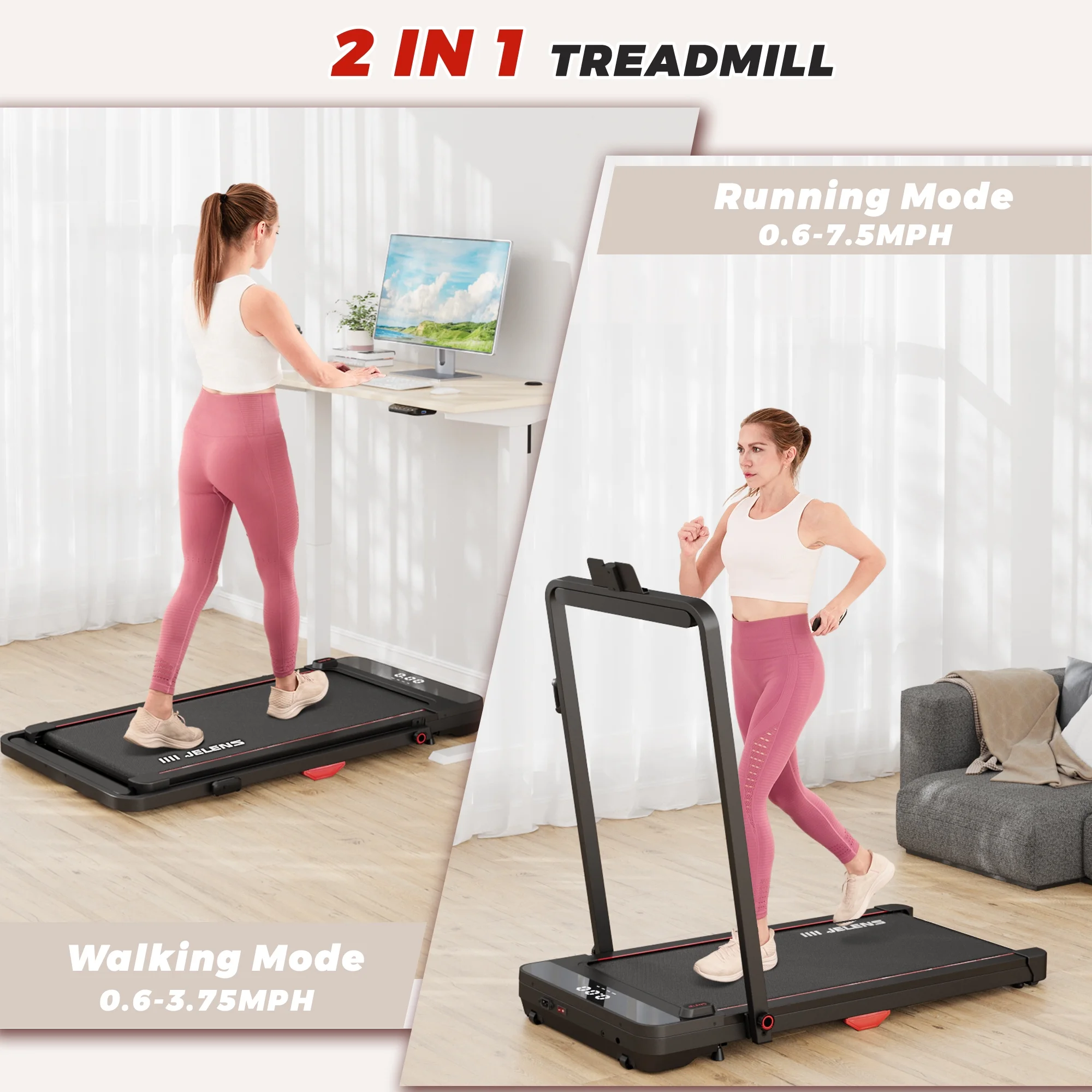 JELENS 2 in 1 Treadmill, 2.5HP Walking Pad Folding Treadmill with Remote Control and LED Display, Portable Under Desk Treadmill for Home Office with 265lbs Weight Capacity - Cheap Fitting
