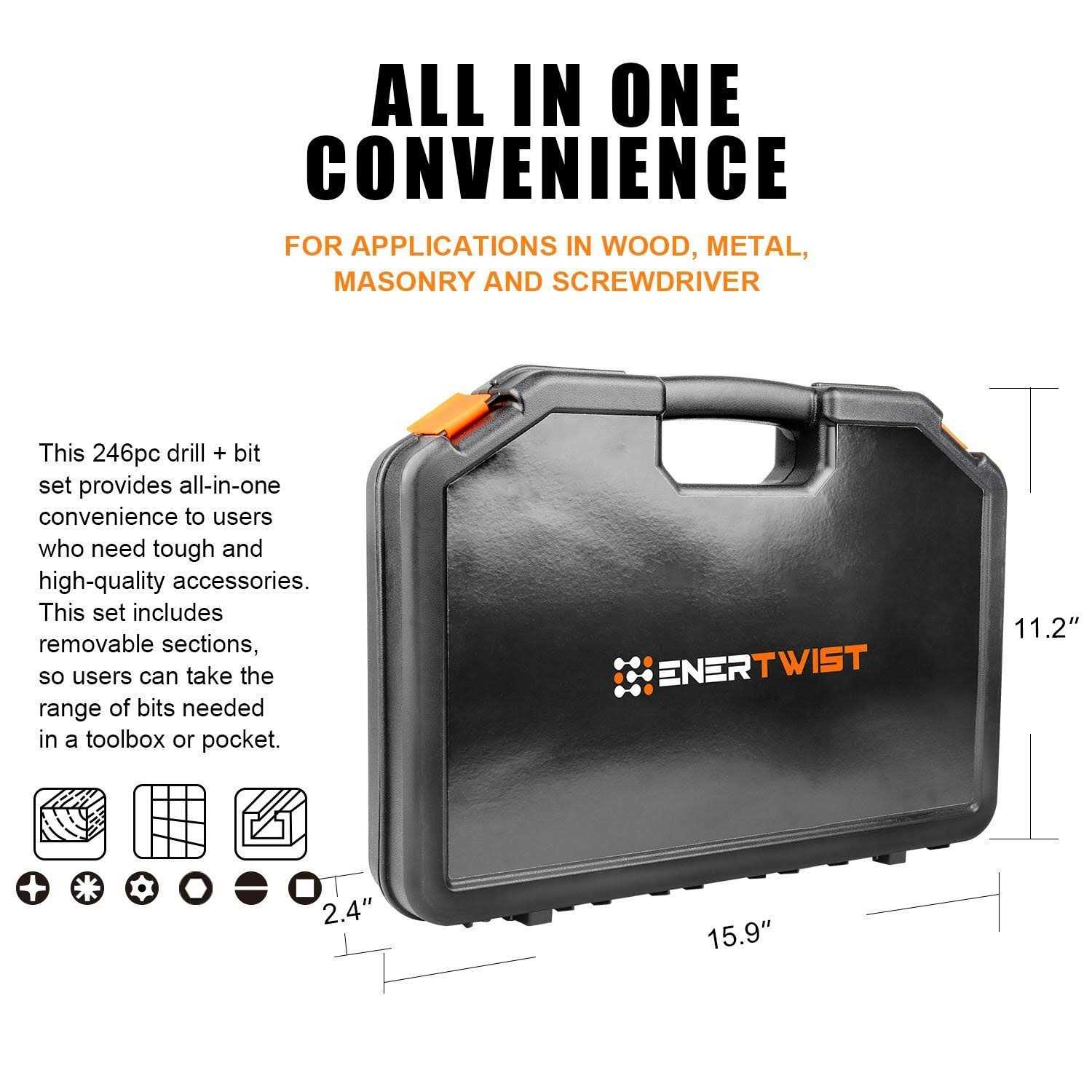 EnerTwist Drill Bit Set, 246-Pieces Drill Bits and Driver Set for Wood Metal Cement Drilling and Screw Driving - Cheap Fitting