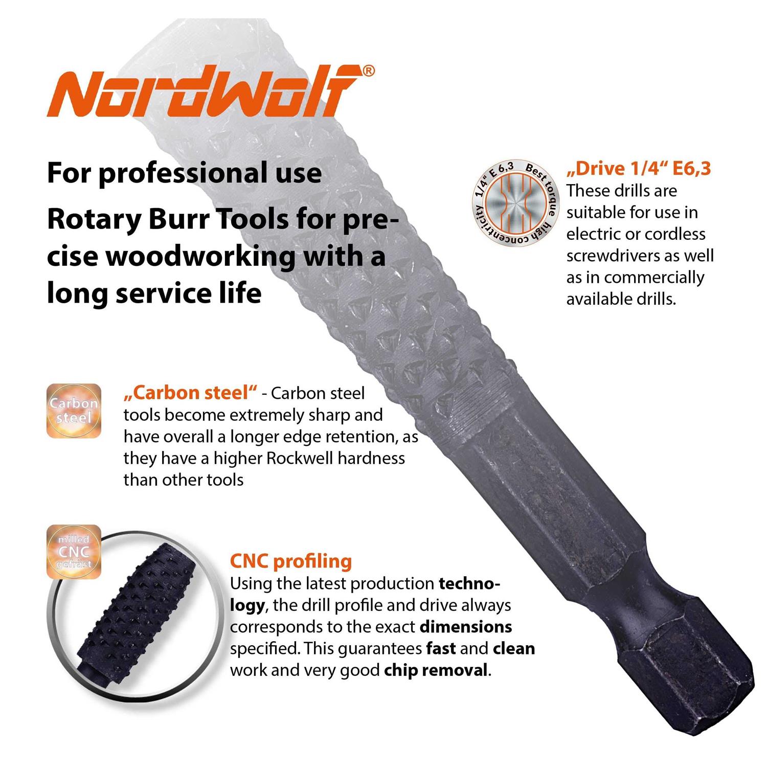 NordWolf 10-Piece Rotary Burr Wood Carving Rasp Files Set, with 1/4 Hex Shank for Wood & Rubber Deburring, Shaping and Grooving - Cheap Fitting