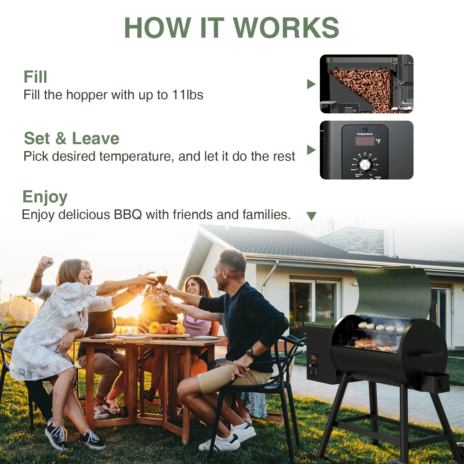 456 SQ.IN Wood Pellet Grill Smoker with Auto Temperature Control for Outdoor RV 8-in-1 BBQ Green with Rain Cover - Cheap Fitting