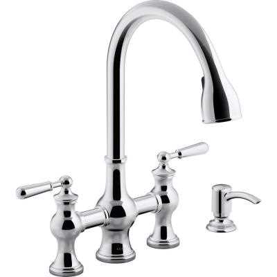 KOHLER Capilano 2-Handle Bridge Farmhouse Pull-Down Kitchen Faucet with Soap Dispenser and Sweep Spray in Polished Chrome - Cheap Fitting