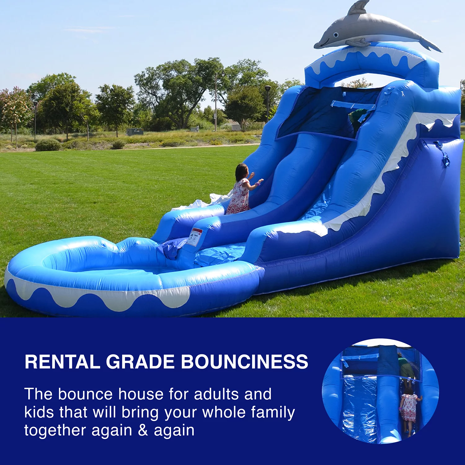 HeroKiddo Dolphin Commercial Grade Water Slide with Pool for Kids and Adults (with Blower) - Cheap Fitting