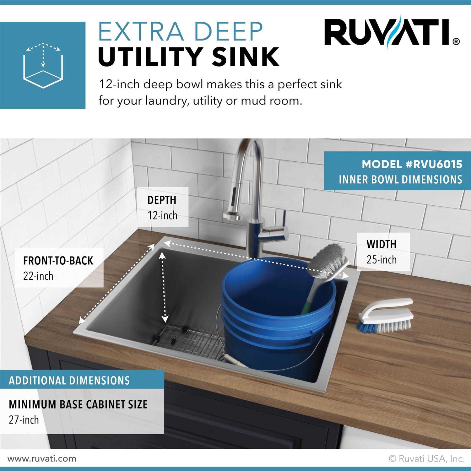 Ruvati Topmount Laundry Utility Sink 25 x 22 x 12 inch Tight Radius Deep 16 Gauge Stainless Steel RVU6015 - Cheap Fitting