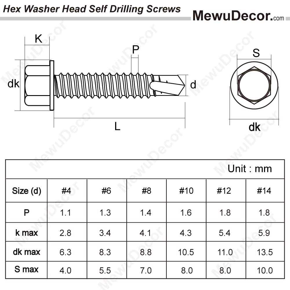 MewuDecor #14 x Hex Washer Head Self Drilling Sheet Metal Tek Screws with Drill Point - Cheap Fitting