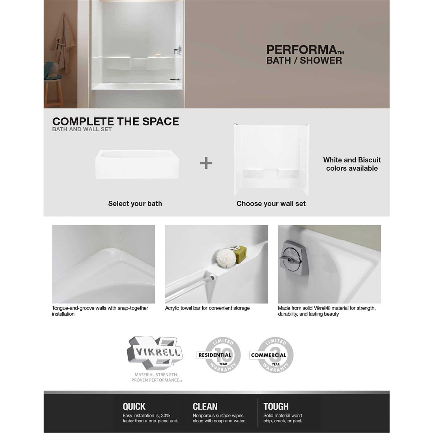 Sterling Performa2 29.13-in x 60.25-in White Fiberglass/Plastic Composite Alcove Soaking Bathtub K-71341810-0 - Cheap Fitting