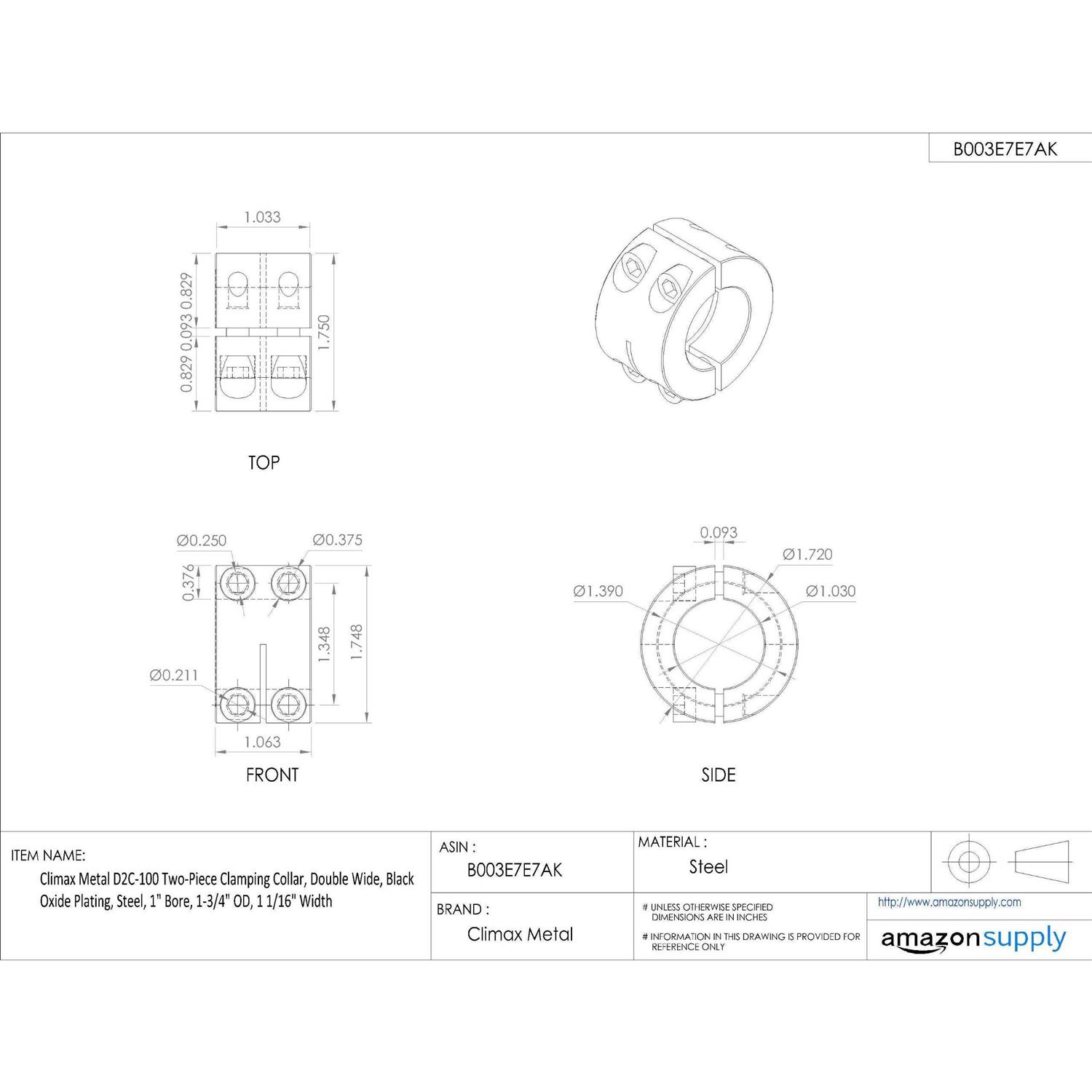 Climax Metal Products D2C-100 Two-Piece Clamping Collar Double Wide - Cheap Fitting