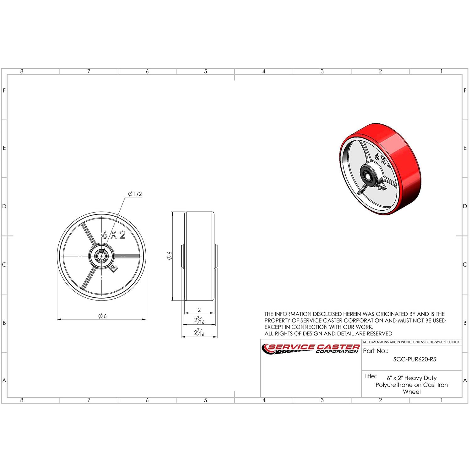 6 x 2 Green Polyurethane on Black Semi Steel Cast Iron Wheel Only with Roller Bearing – 1/2 Bore – 1200 lbs Capacity per Wheel – Service Caster - Cheap Fitting