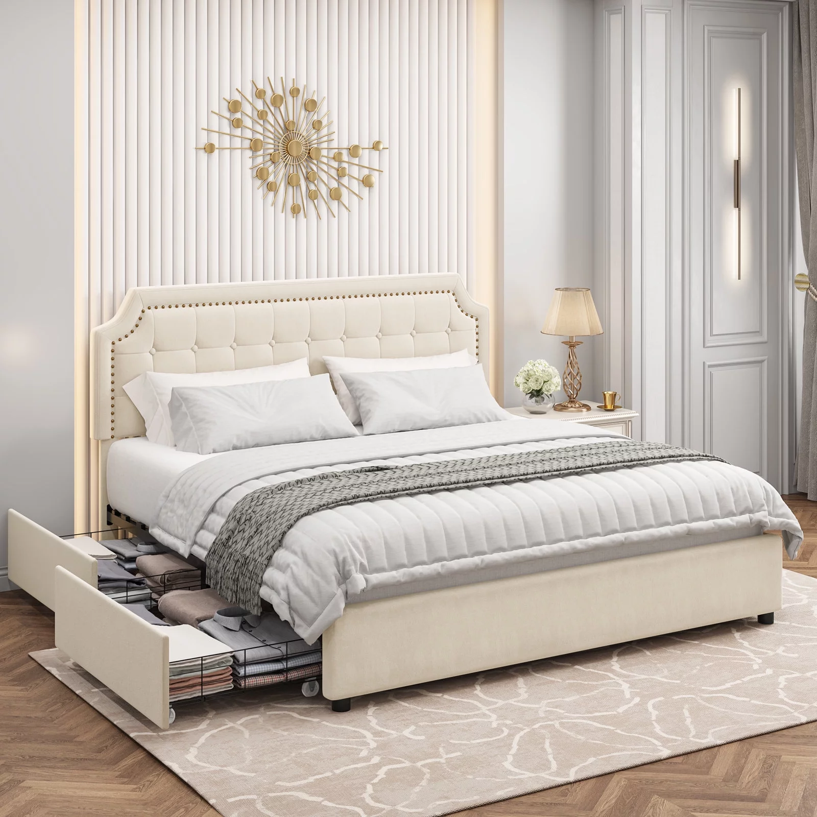 Homfa Full Storage Bed with 4 Drawers, PU Leather Platform Bed Frame with Adjustable Upholstered Headboard, Black - Cheap Fitting