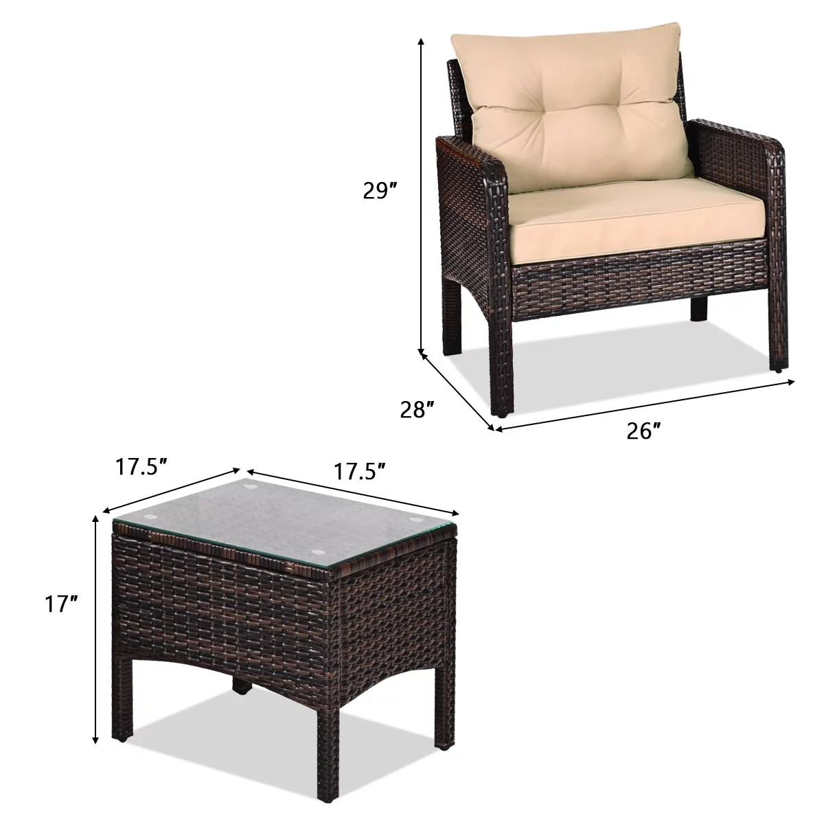 Gymax 3PCS Patio Outdoor Rattan Furniture Set Brown w/ Cushioned Chairs Coffee Table - Cheap Fitting