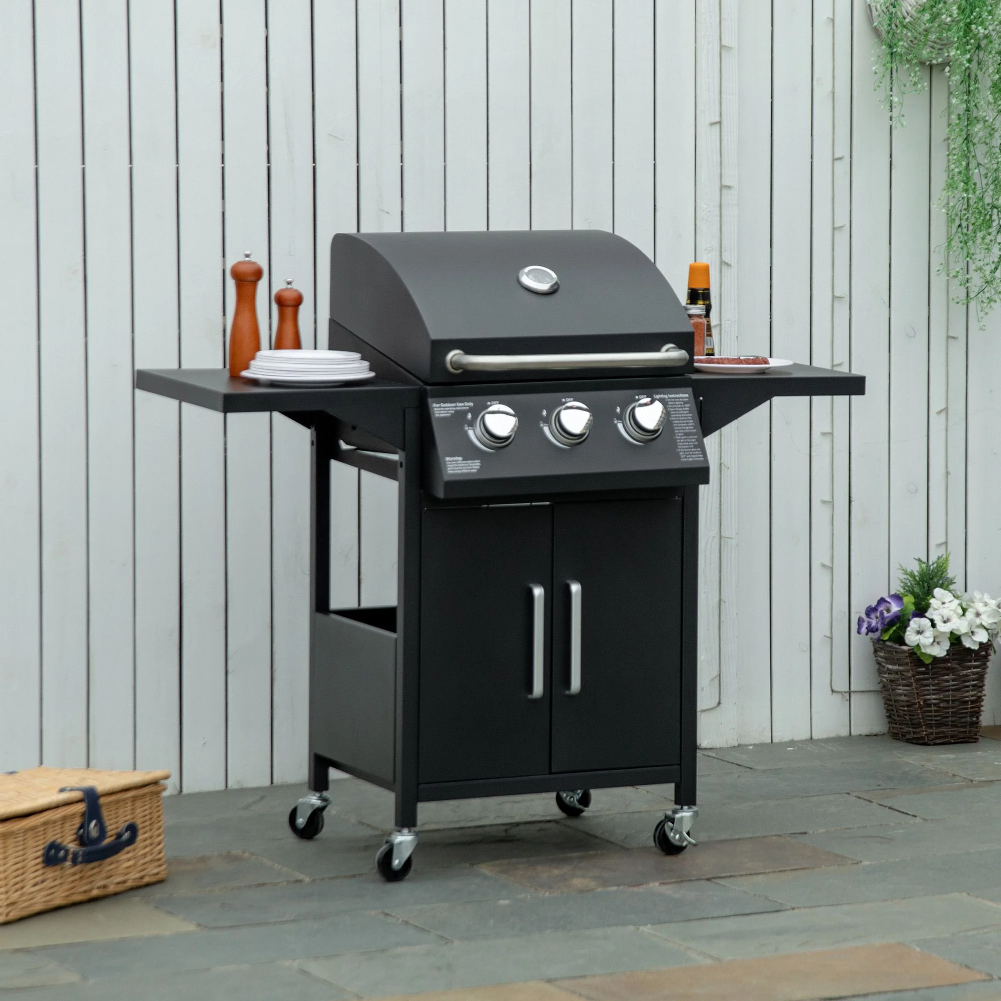 Outsunny 3 Burner Gas Grill w/ Wheels, Storage Shelves, Thermometer, Black - Cheap Fitting