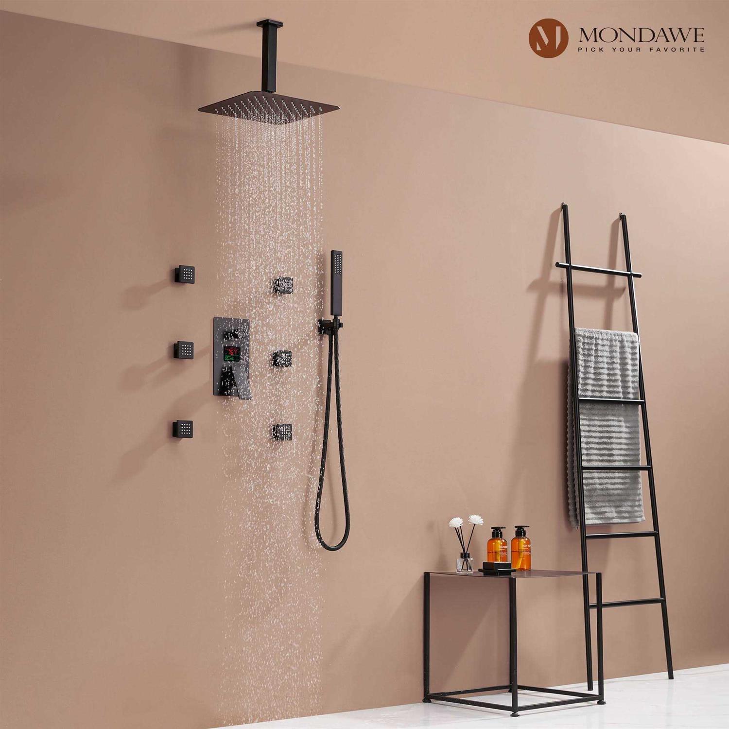 Mondawe LED Display 3 Spray Patterns 12 in. Ceiling Mount Fixed and Handheld Shower Head WFBI6025-12BL - Cheap Fitting