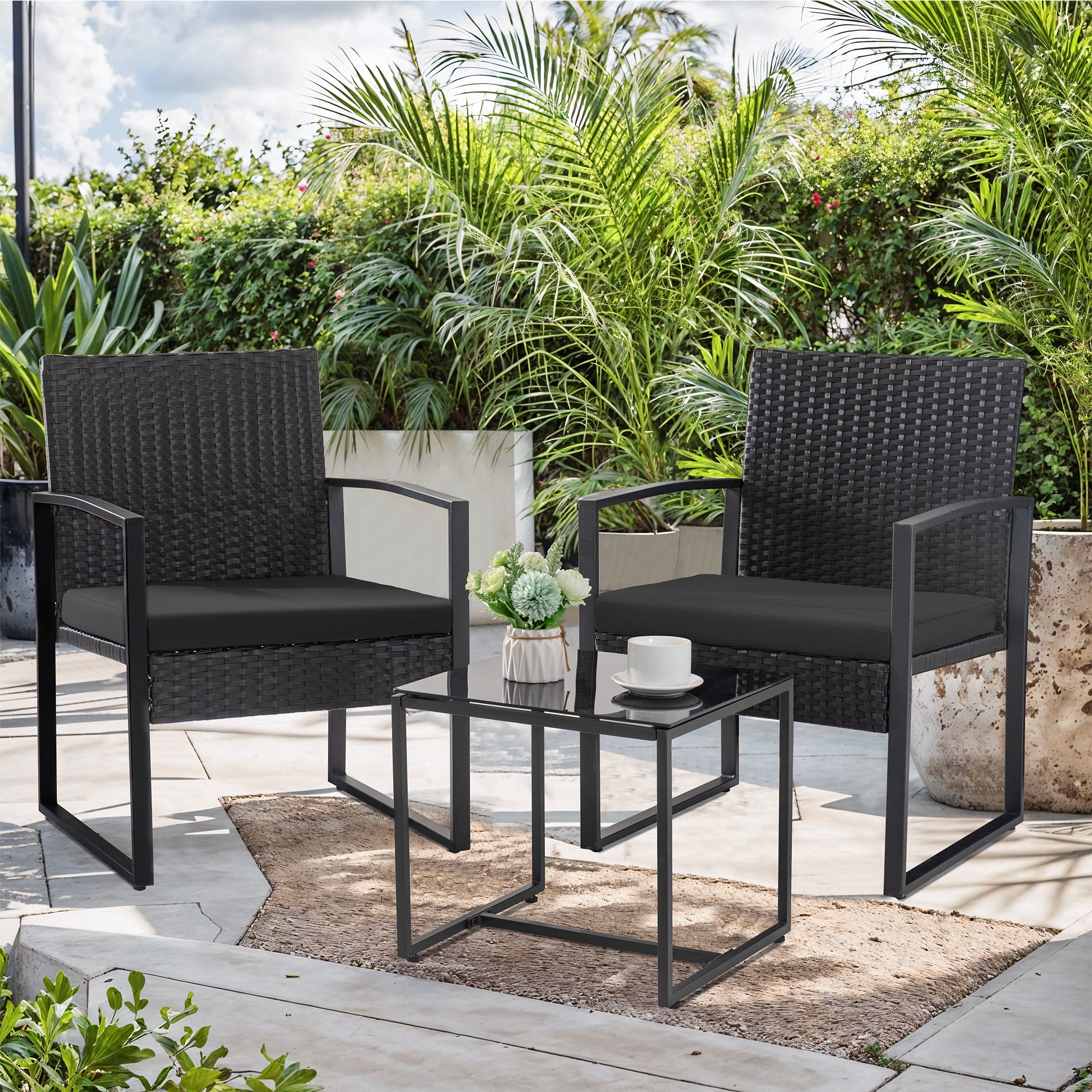 Homall Patio Furniture 3-Piece Set Casual Wicker Chair Bistro Chair with Coffee Table, Black - Cheap Fitting