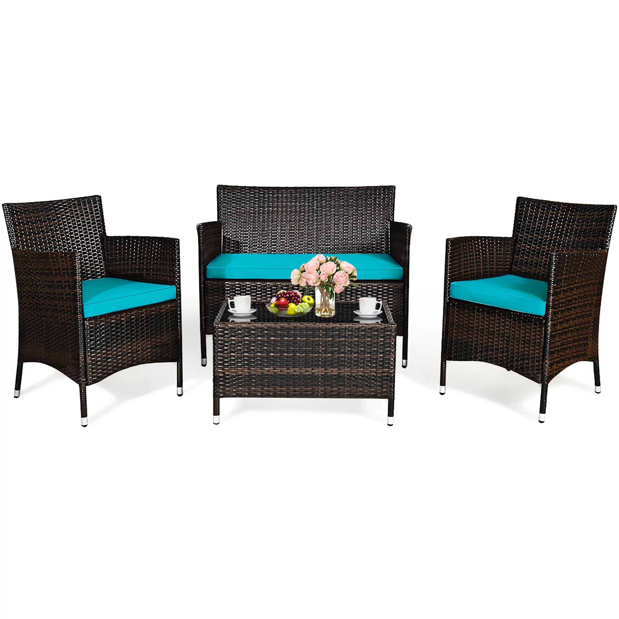 4PCS Outdoor Patio PE Rattan Wicker Table Shelf Sofa Furniture Set With Cushion - Cheap Fitting