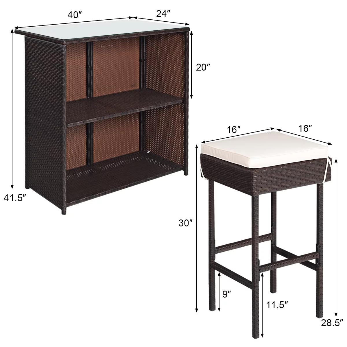 Costway 3PCS Patio Rattan Wicker Bar Table Stools Dining Set Cushioned Chairs Garden - Cheap Fitting