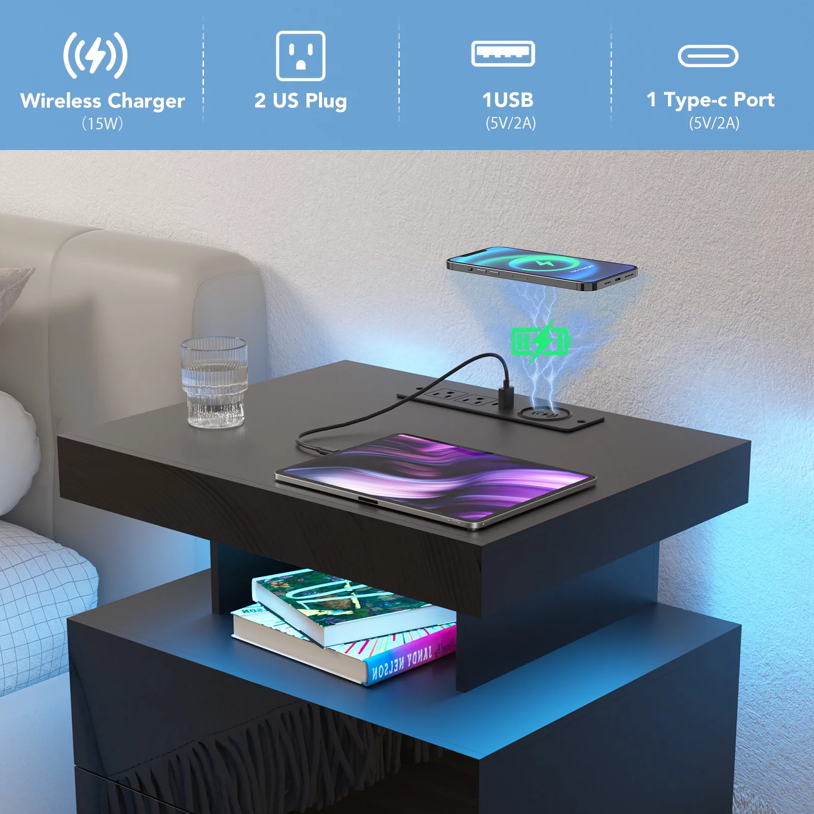 Hommpa LED Nightstand with Wireless Charging Station Modern Nightstand Type C USB Port 2 Drawers Bedside Table Black Smart Night Table High Gloss End Side Table for Bedroom Furniture 22.3