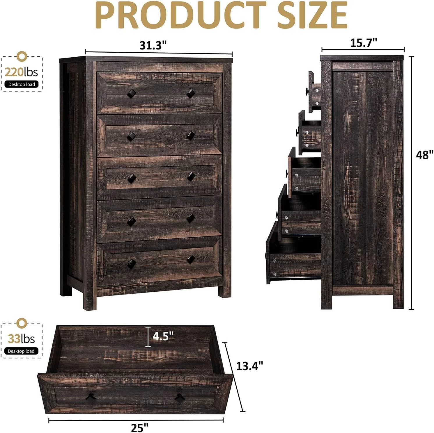 LUXOAK Farmhouse 5 Drawers Dresser, Wood Rustic Chest of Drawers for Living Room, Hallway, Entryway, Washed Ash - Cheap Fitting