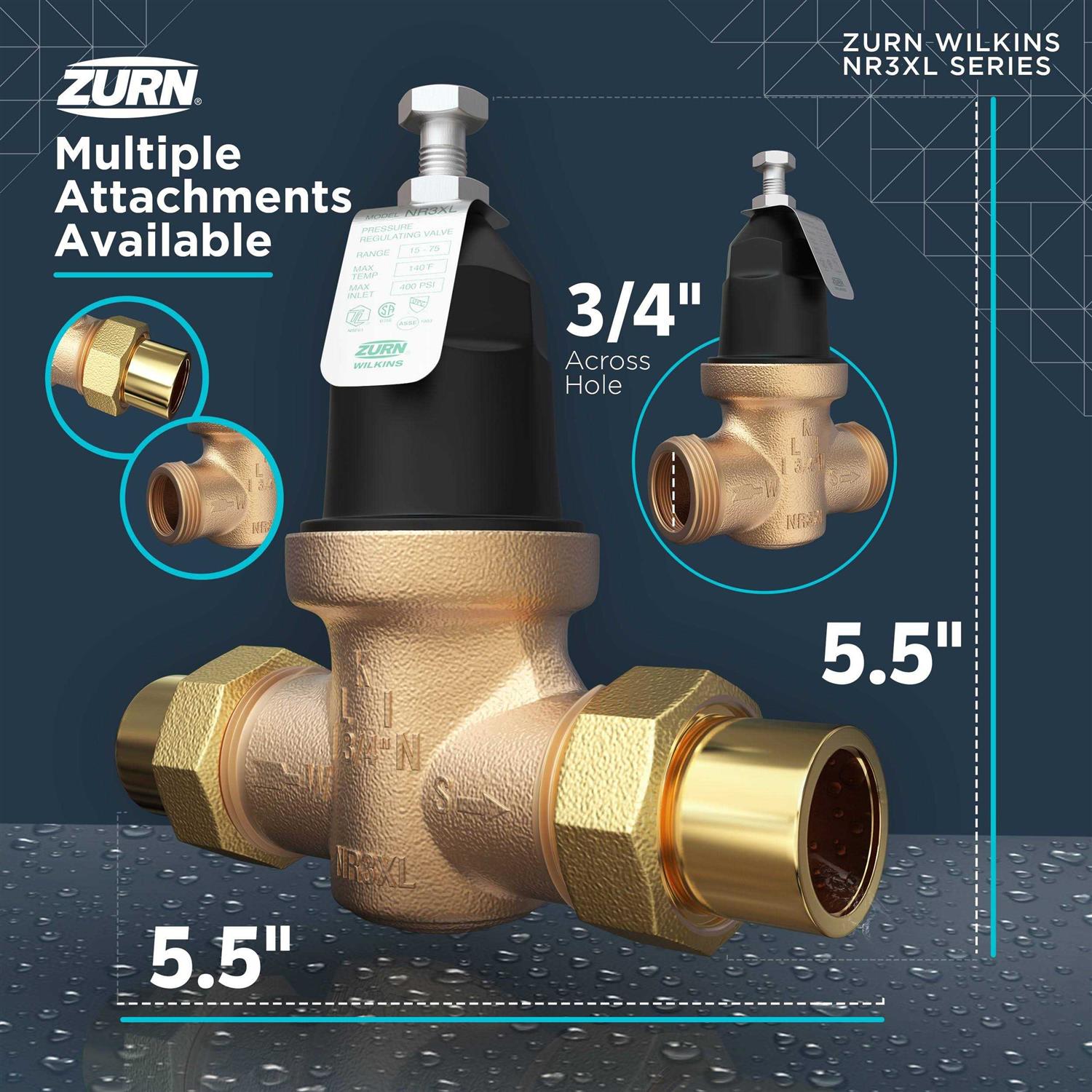 Zurn 3/4 NR3XL Pressure Reducing Valve with Double Union PEX Crimp Tailpiece Connection Lead Free 34-NR3XLDUPEX - Cheap Fitting