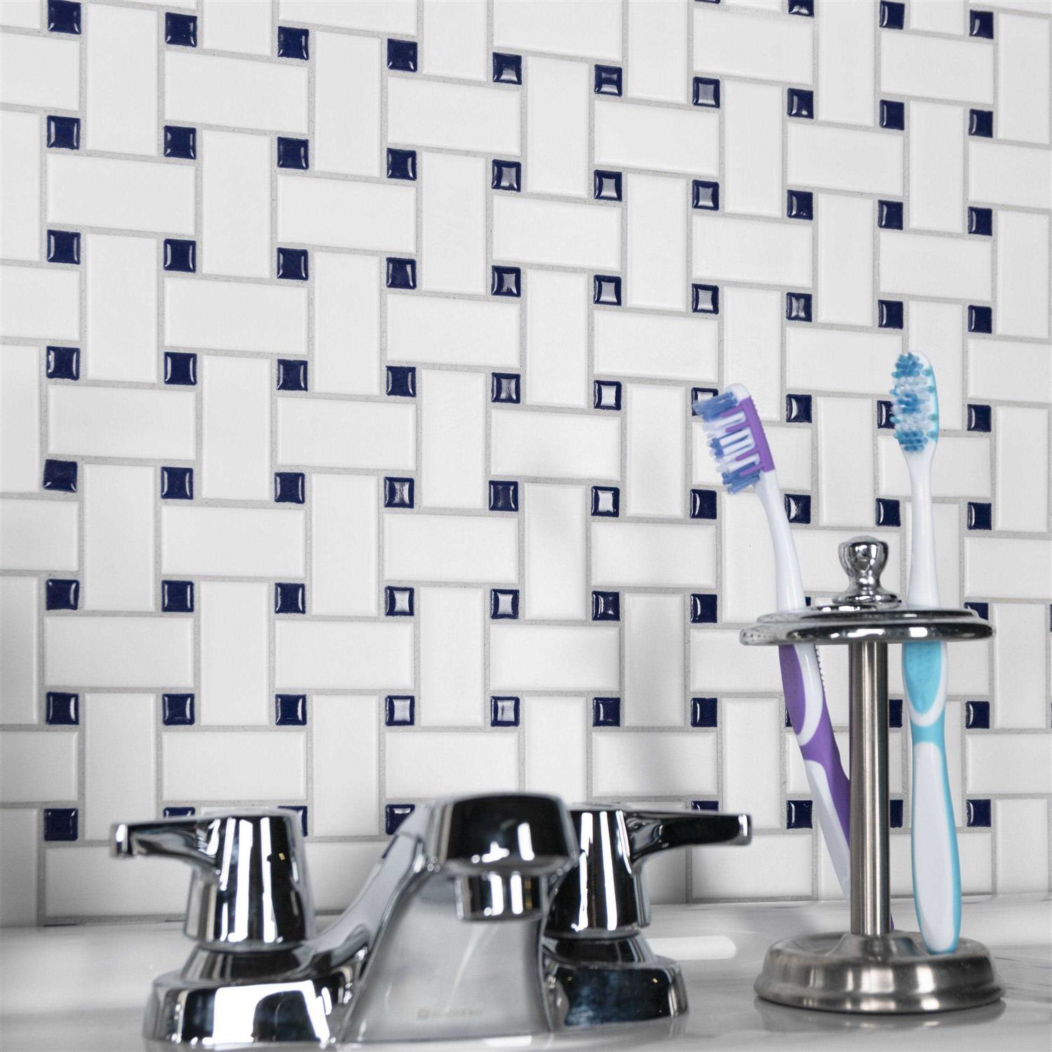 Merola Tile Metro Basketweave Matte White with Cobalt Dot 11.75 x 11.75 Porcelain Mosaic Tile - Cheap Fitting