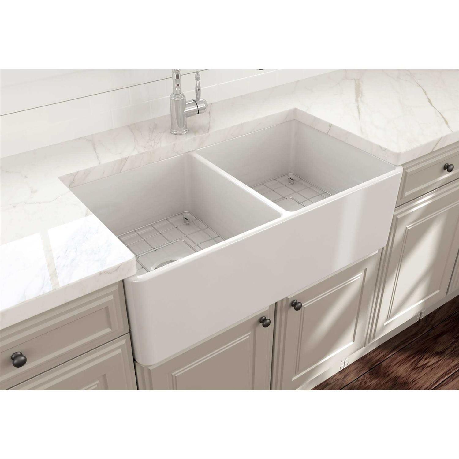 BOCCHI Classico Farmhouse Apron Front Fireclay 33 Double Bowl Kitchen Sink 1139 - Cheap Fitting