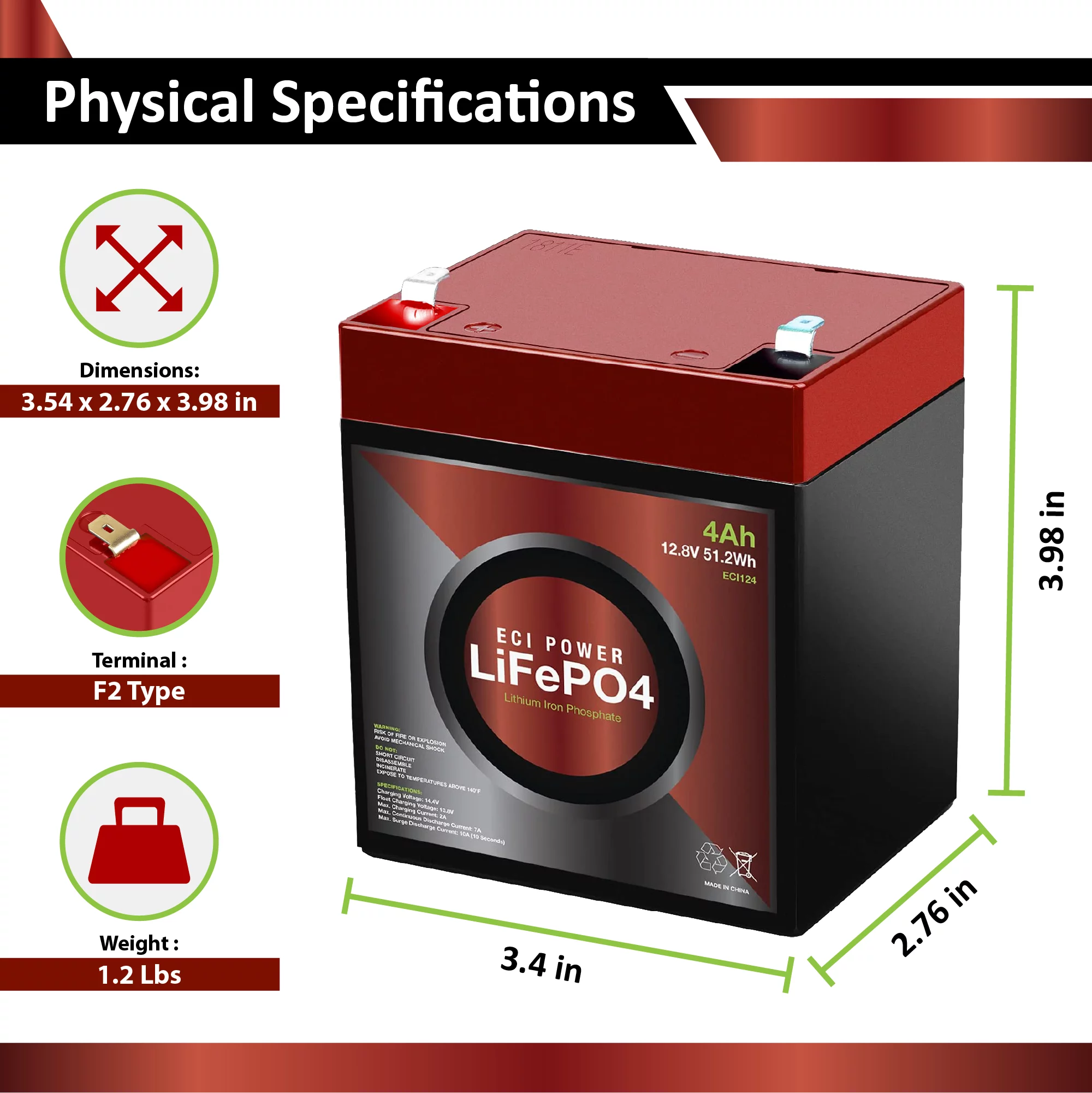 ECI Power 12V 4Ah Lithium LiFePO4 Deep Cycle Rechargeable Battery | 2000-5000 Life Cycles & 10-Year Lifetime | Built-in BMS - Cheap Fitting