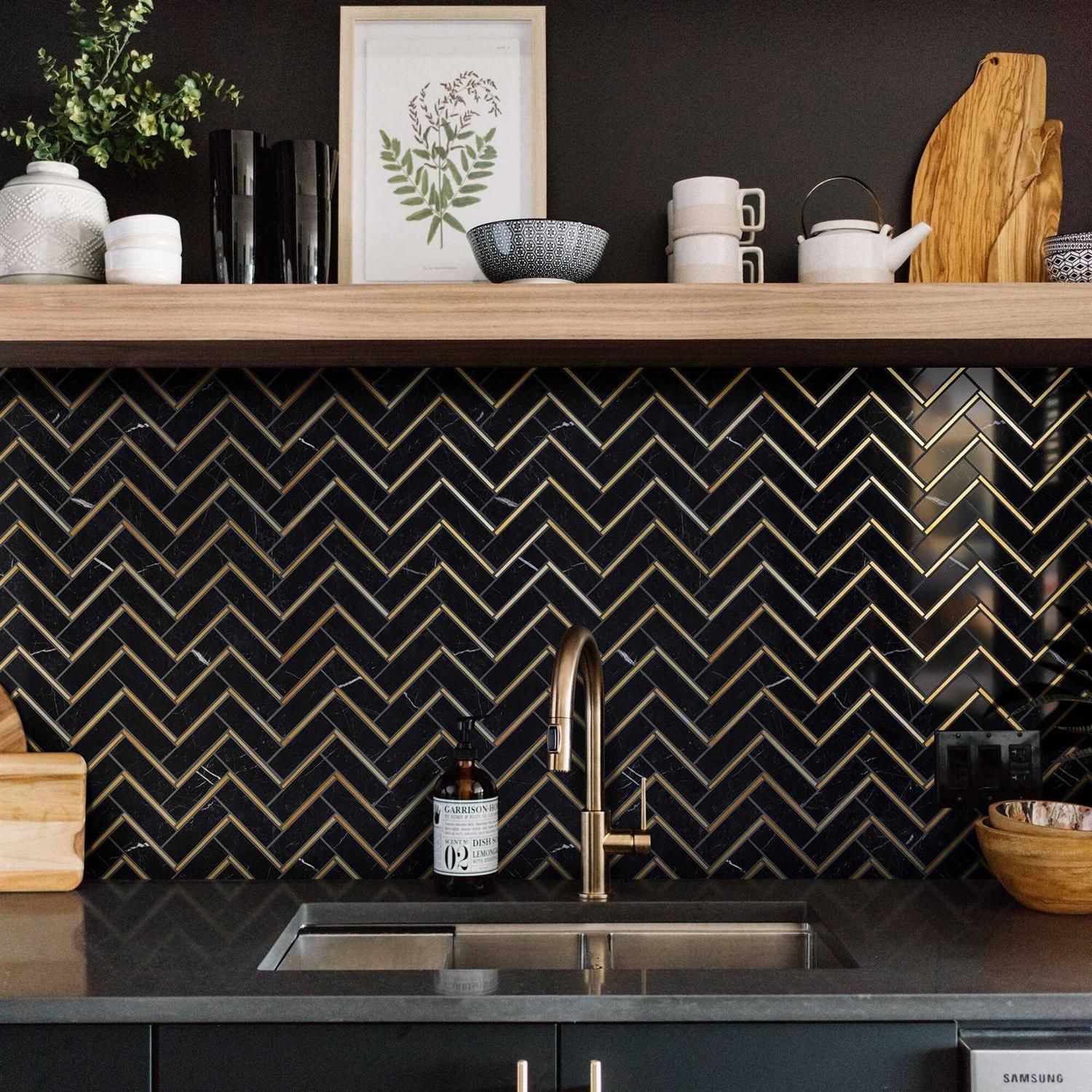 TileGen. Natural Nero 1 x 3 Marble Chevron Mosaic in Black/Gold Wall Tile - Cheap Fitting