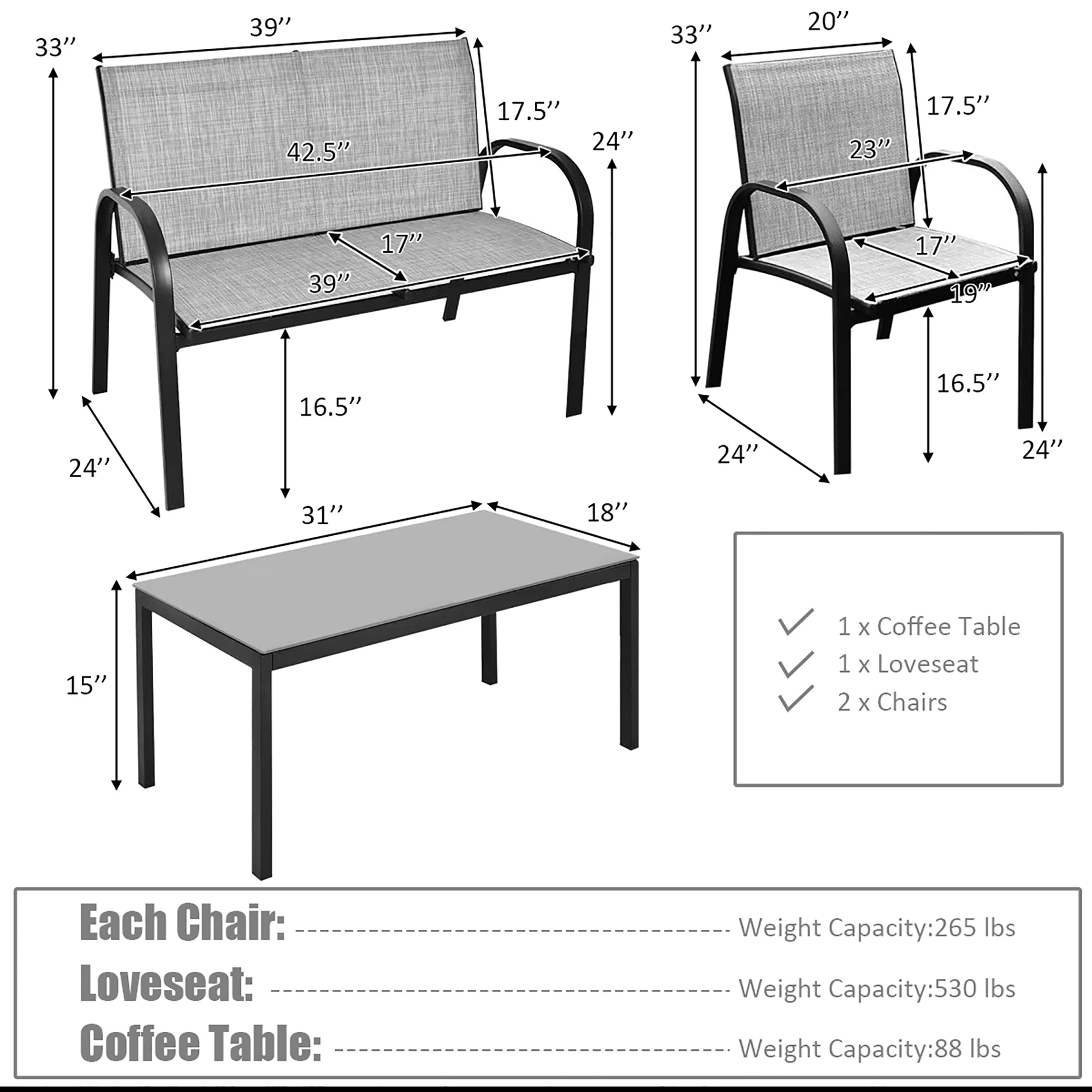 Costway 4 PCS Patio Furniture Set Sofa Coffee Table Steel Frame Garden Deck Gray - Cheap Fitting